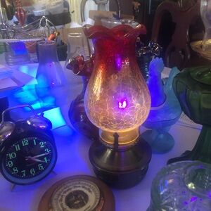 Cadmium/Amberina crackle glass oil lamp.